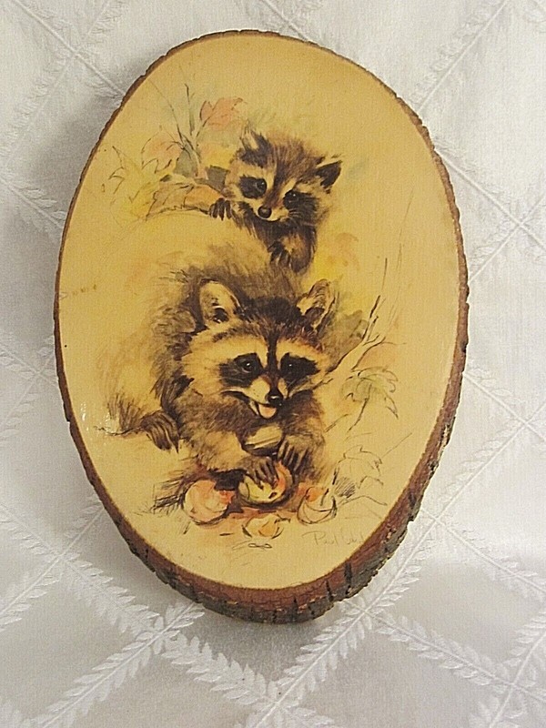Vintage Souvenir Racoons by Paul W Hunter on Bark Wood Slice-Long Lake Maine