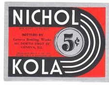 VINTAGE NICHOL KOLA SODA POP BOTTLE LABEL GENEVA BOTTLING WORKS ILLINOIS