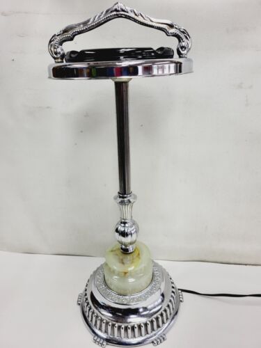 Art Deco Chrome Floor Ashtray Cigar Room Lounge Smoking Stand 1950 W Slag Glass - Picture 1 of 15