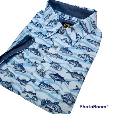 Lee Men's S/S Fish Theme Print Sport Shirt  White Size L NWT MSRP $50