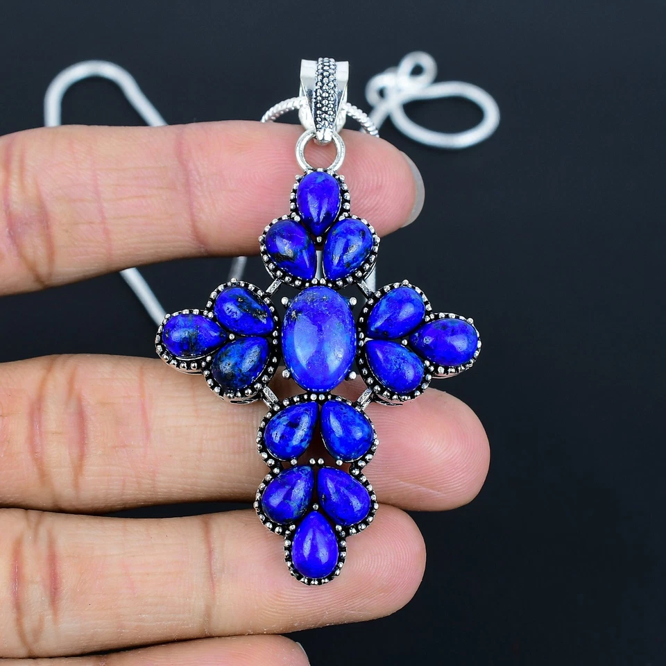 Blue Lapis Lazuli Gemstone Cross Pendant 925 Sterling Silver Handmade Pendant - Image 2 of 4
