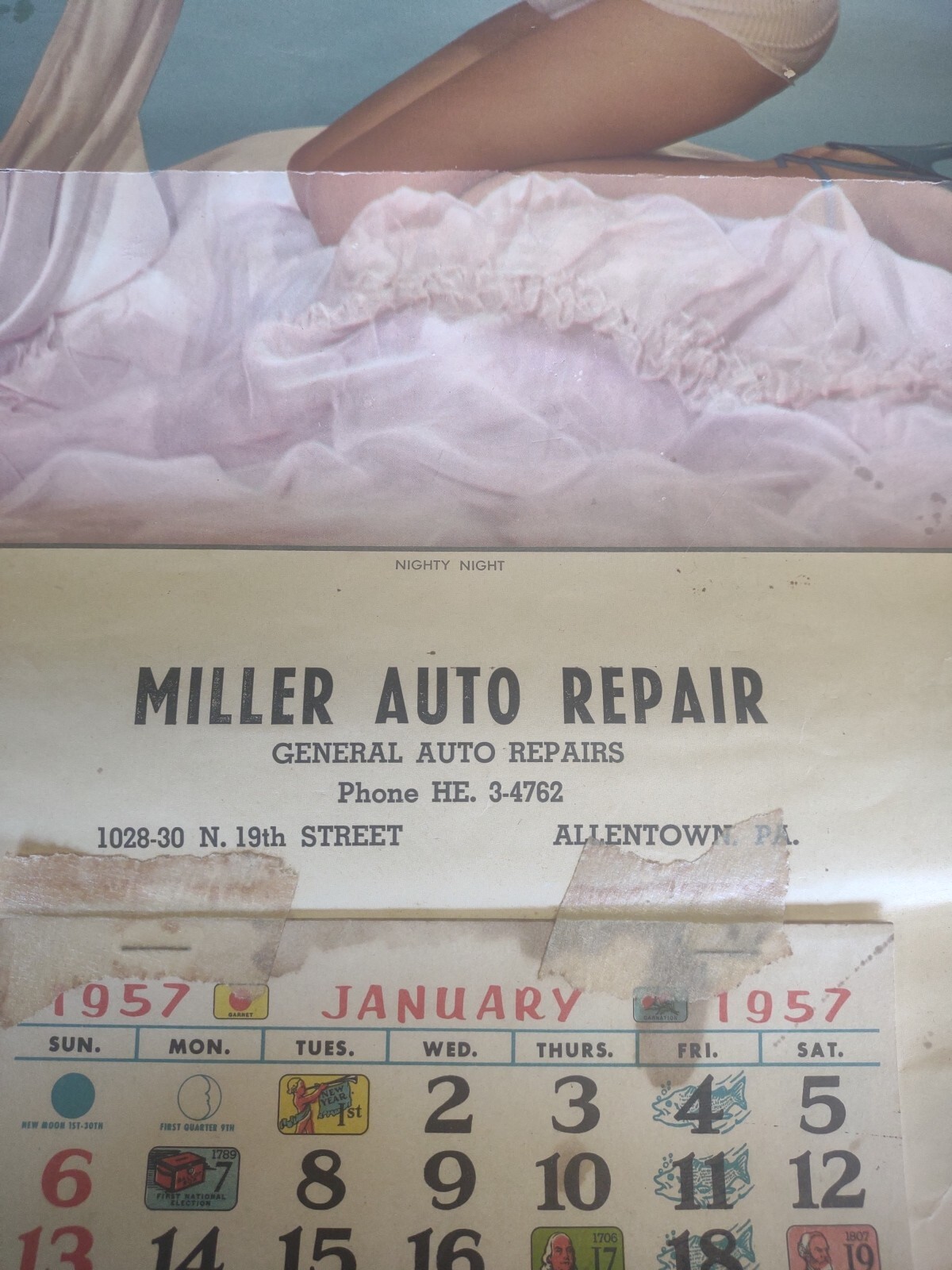 1950's Advertising Pinup Girl Calendar Miller Auto Repair Allentown PA