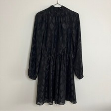 Karen Millen Shimmery Black Sheer High Neck Long Sleeve Little Black Dress US 6