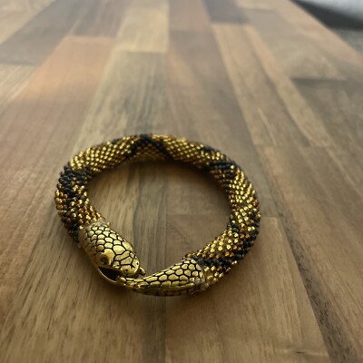 Handmade Snake skin gold brown black Bacelet python print bead crochet 21.5cm