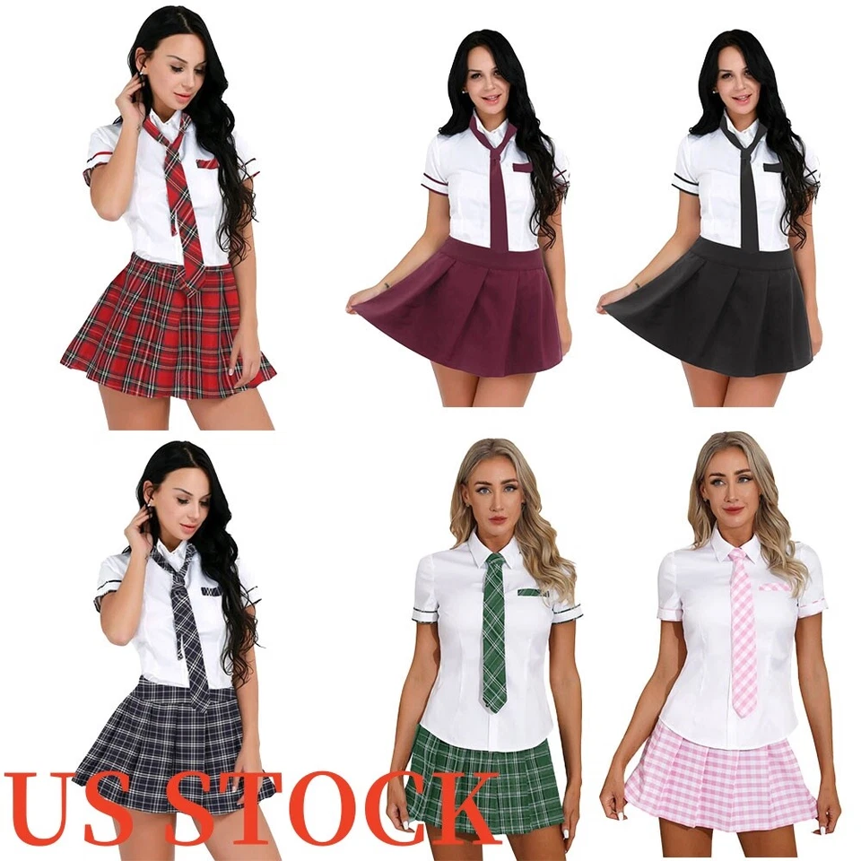 Mujeres Colegialas Uniforme Manga Corta Camisa Falda a Cuadros Juegos con disfraces Foto 2 de 3