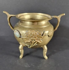 Vintage Brass Censer Tripod China Inlaid Green Stones Chrysanthemum Motif