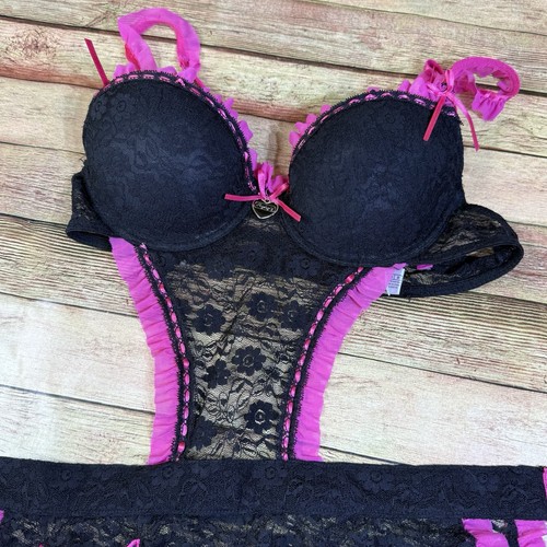 Vintage Y2K Playboy Apron Costume Lingerie Pink Black Lace Bunny Ruffles Small - Picture 4 of 9