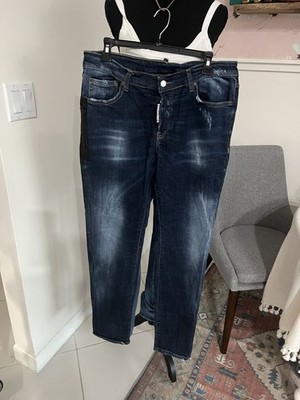 Dsquared2 Blue Denim Cotton Dark Wash Distressed 5-Pockets Straight Leg Jeans 52
