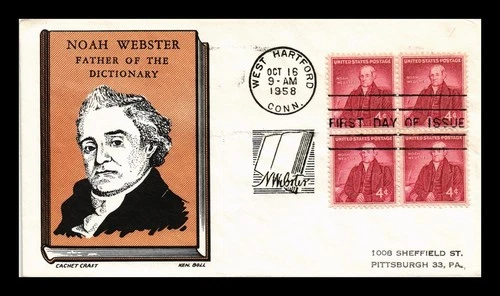 NOAH WEBSTER FDC SCOTT 1121 BLOCK OF 4 KEN BOLL CACHET CRAFT US COVER