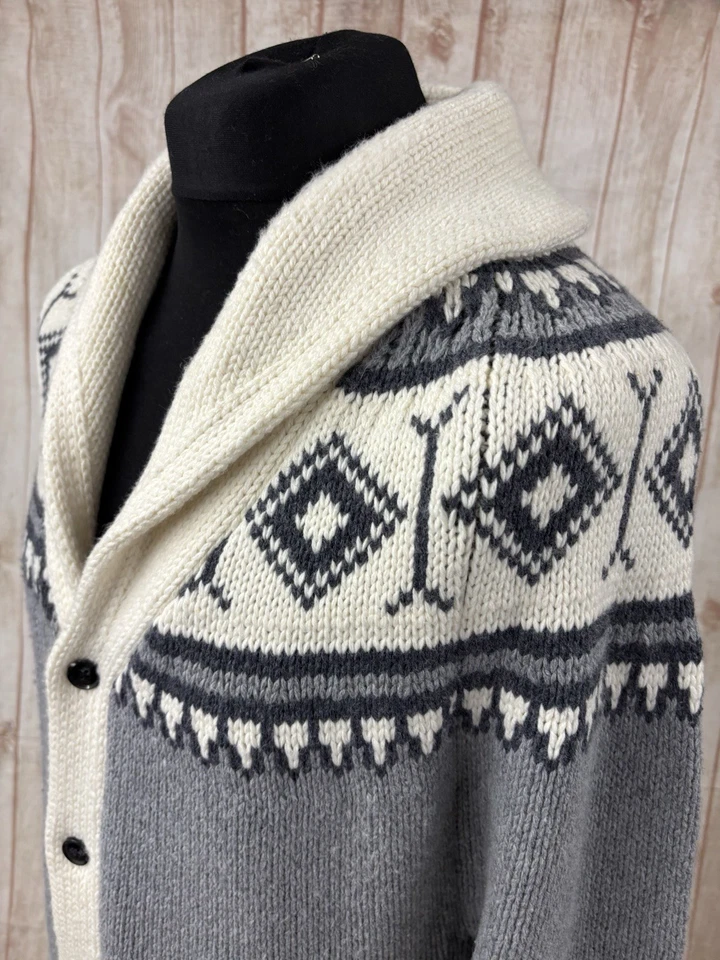Reiss Mens XL Wool Blend Nordic Fair isle Shawl Cardigan Chunky Knit Christmas - Image 4 of 4