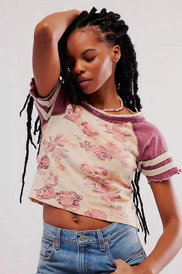 Free People We The Free Wish You Were Here Tee Floral Printed Crop Top Tan NWT S