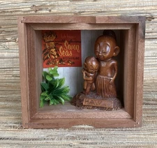 Tiki Crate Art Hawaii Carving with Plant & Sign Upcycled Cigar Box 5.5" Diorama