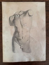 Antique Pencil Two Sided Sketch Work Male Torso Germany c.1860 9.5"x13" Gay Int