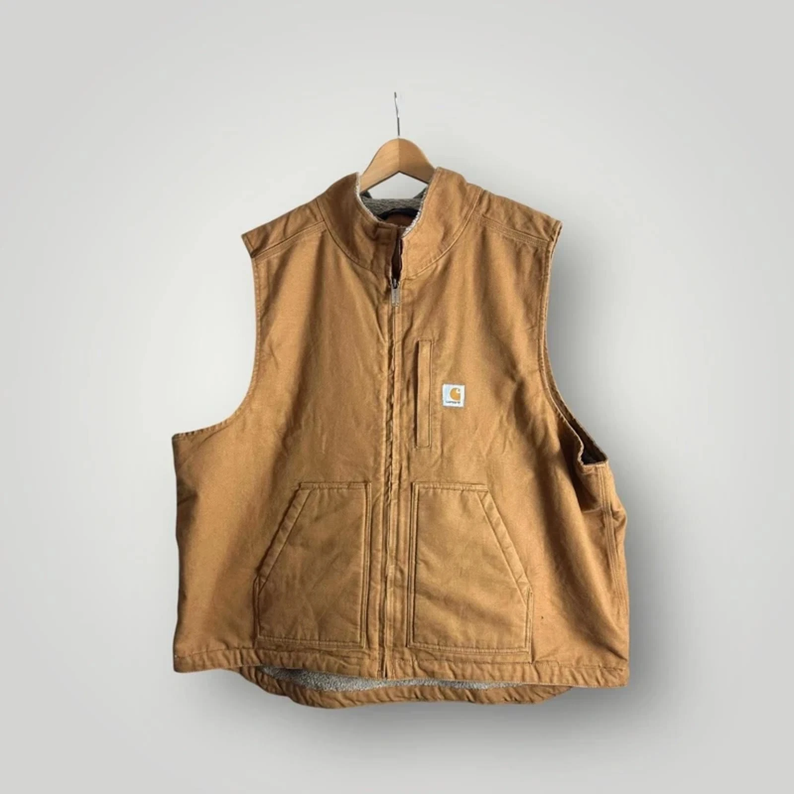 Carhartt Sherpa Lined Duck Work Vest Brown 2XL Tall Relaxed Fit Insulated