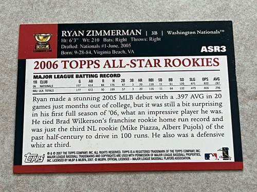 2007 Topps #ASR3 Ryan Zimmerman 2006 All-Star Rookie Team MLB Nationals - Foto 2 di 3