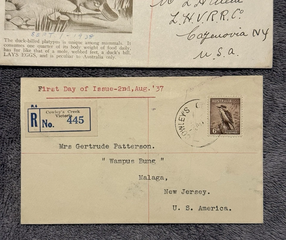1937–38 Australia Registered FDC Lot 3x Kookaburra Platypus KGVI to USA Postal - Image 2 of 4