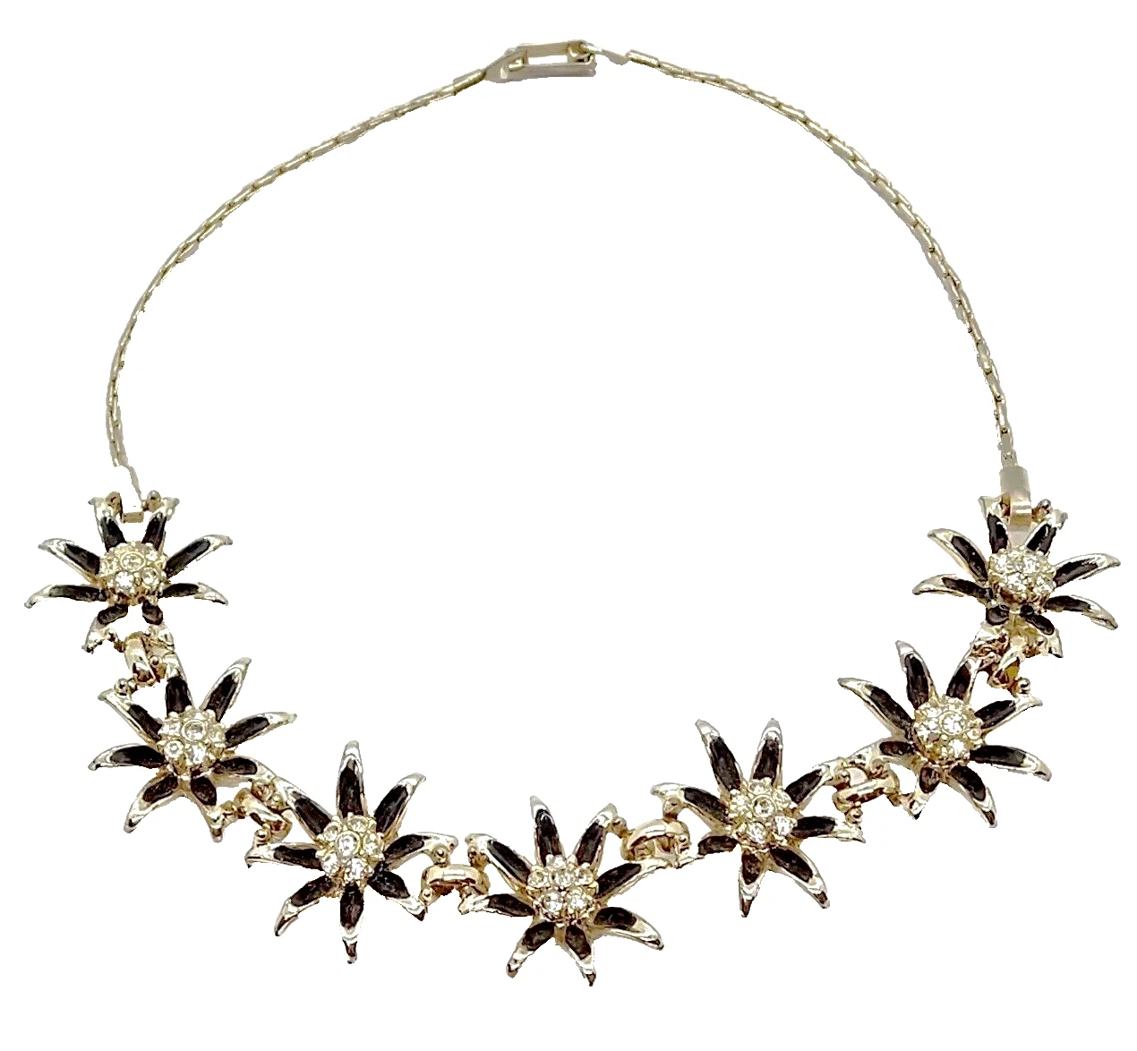 VETEMENTS Collana con fiori margherita smaltata nera vintage anni '60 color oro con centri diamantati