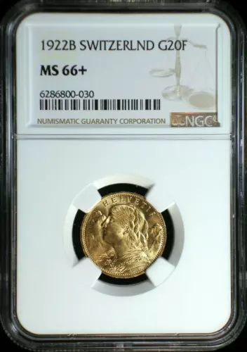 1922B Switzerland Gold 20 Francs KM-31 NGC MS-66+
