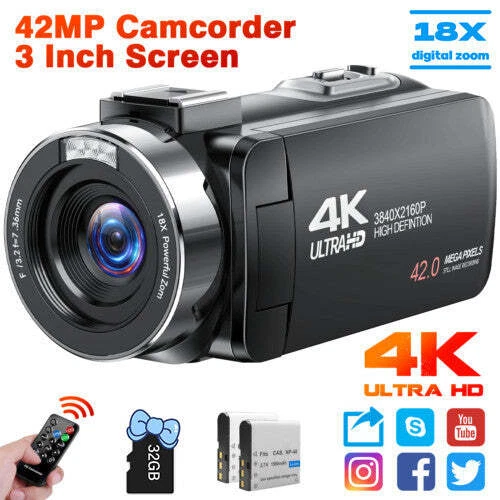 Video Camera 4K 42MP Camcorder Digital Vlogging Cam Recorder for YouTube Vlog 3" - Picture 1 of 7