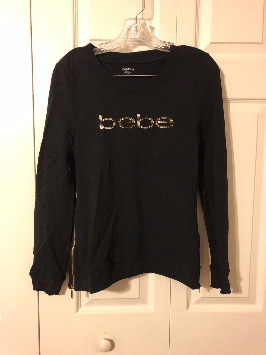 BEBE Gold Rhinestone Logo and Side Zipper Long Sleeve Shirt