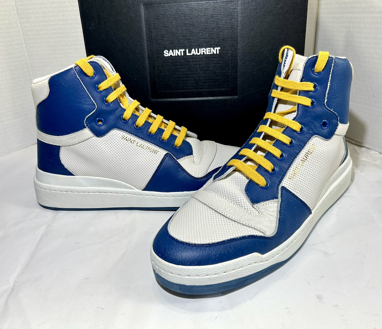 NUOVE SNEAKERS IN PELLE SAINT LAURENT YSL24 MID TOP BIANCHE BLU TAGLIA 42 610619AAAI5