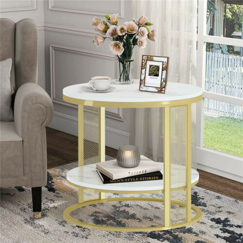 Round Dual Tier Marble Coffee Side Table Sofa Table Nordic Bedside Nightsand - Picture 1 of 12