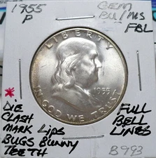 1955-P FRANKLIN HALF DOLLAR GEM BU/MS FBL, BUGS BUNNY TEETH DCM, NICE+, B993