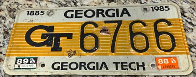 1985 Georgia Tech University Yellow Jackets License Plate Vintage Tag GT 6766