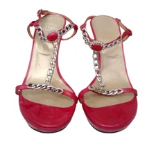 Stuart Weitzman Red Patent Leather w/ Curb Link Chain Detail Sandals Size US 7.5