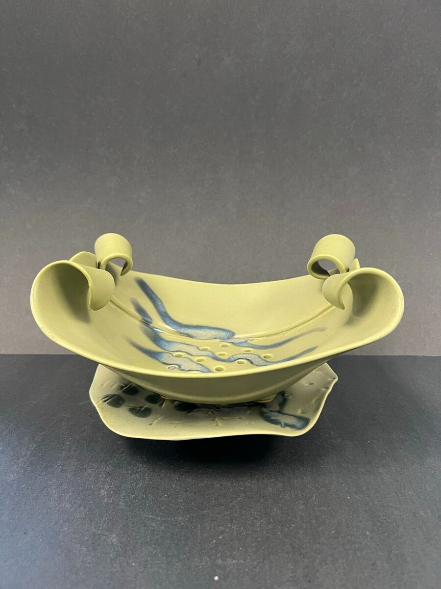Hilborn Pottery Vintage Ceramic Blue and Green Strainer with Hilborn Pottery Vintage Ceramic Blue and Green Strainer with