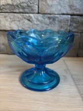 Vintage Anchor Hocking Light Blue Glass Thumbprint Pedestal Candy Dish Bowl