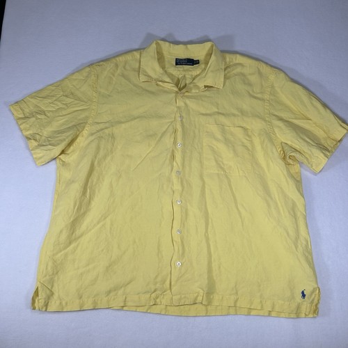 Polo Ralph Lauren Mens 2XB Yellow Silk Linen Loop Collar Retro Camp Shirt - Picture 2 of 7