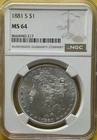 1881-S $1 MORGAN SILVER DOLLAR NGC RATING MS64