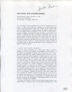 Milton Friedman 1976 Nobel Prize Economics Rare Signed Autograph Lecture JSA