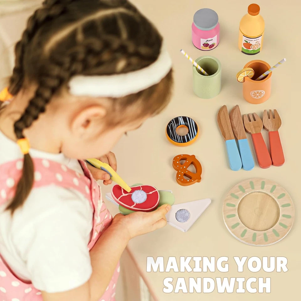 Cibo Cucina Giocattolo per Bambini Legno, Accessori Da Cucina in Legno Finto Set - Immagine 4 di 4