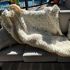 Luxury Chunky Knit Throw, Handmade Thick Cable Knit Crochet Blanket 50x60, Wh...