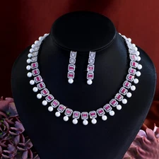 Hot Pink CZ Long Pearl Dangle Drop Necklace Earrings Silver Plated Jewelry Set