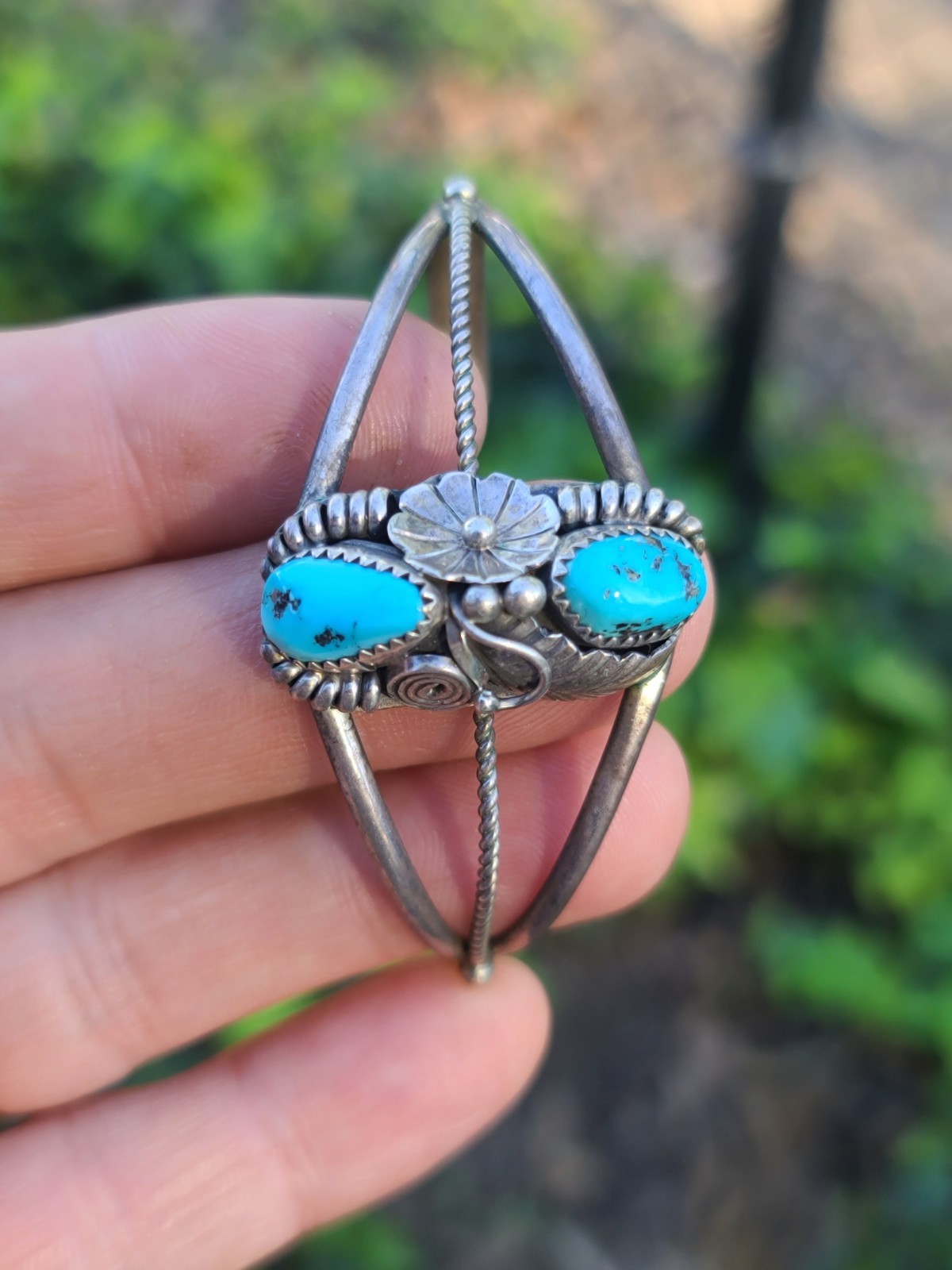 Vtg Native Solid Sterling Silver Turquoise Cuff B… - image 4