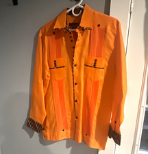 Marsotto Men's Orange Linen Woven Button-Up Shirt Spread Collar Pockets M