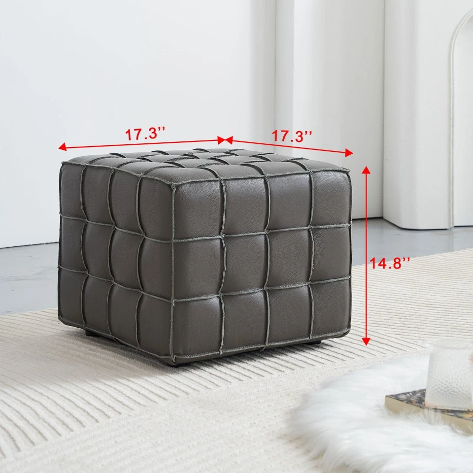 Living Room Bedroom Footstool 17.32''W Grey Genuine Leather Tufted Ottoman - Image 2 of 4
