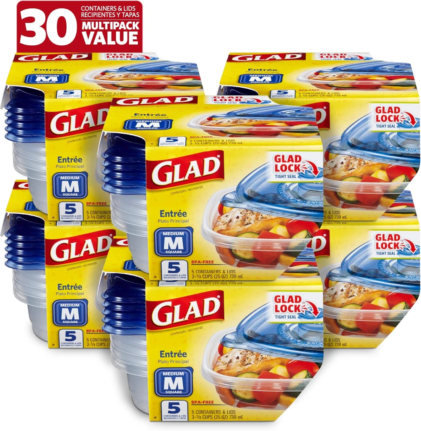 Glad Gladware Entree Food Storage Containers with Lids, Medium Square No BPA Pla