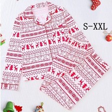 NEW Womens Christmas Pajama Set Red White Reindeer Snowflake Long Sleeve Pants S