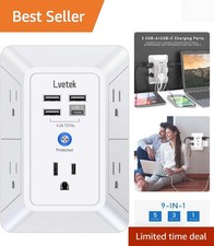 Wall-Mountable 5 Outlet Power Strip with Fast USB Charging - Ideal for Travel