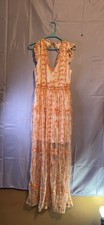 White Orange Floral Sheer Mesh Ruffle Maxi Dress Sleeveless V-Neck Women