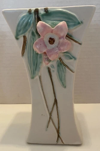 Vintage McCoy Pottery Blossom Time Dogwood 8" Vase PInk Flower Green Leaves