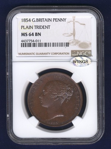 GREAT BRITAIN VICTORIA 1854 PENNY, CHOICE UNCIRCULATED, CERTIFIED NGC MS64-BN - Picture 2 of 6