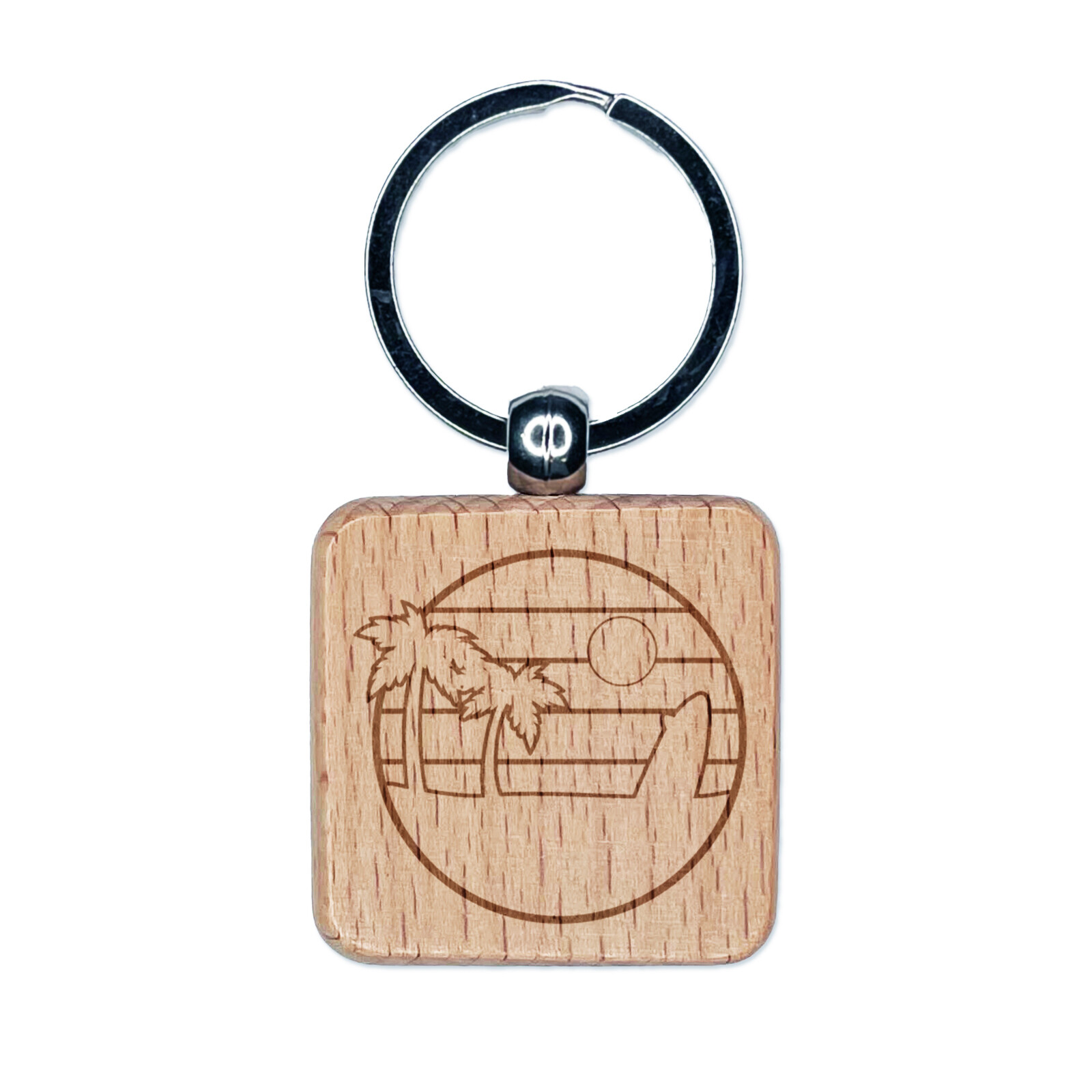 Retro Rainbow Surfboard Wood Keychain with Palm Tree Engraving