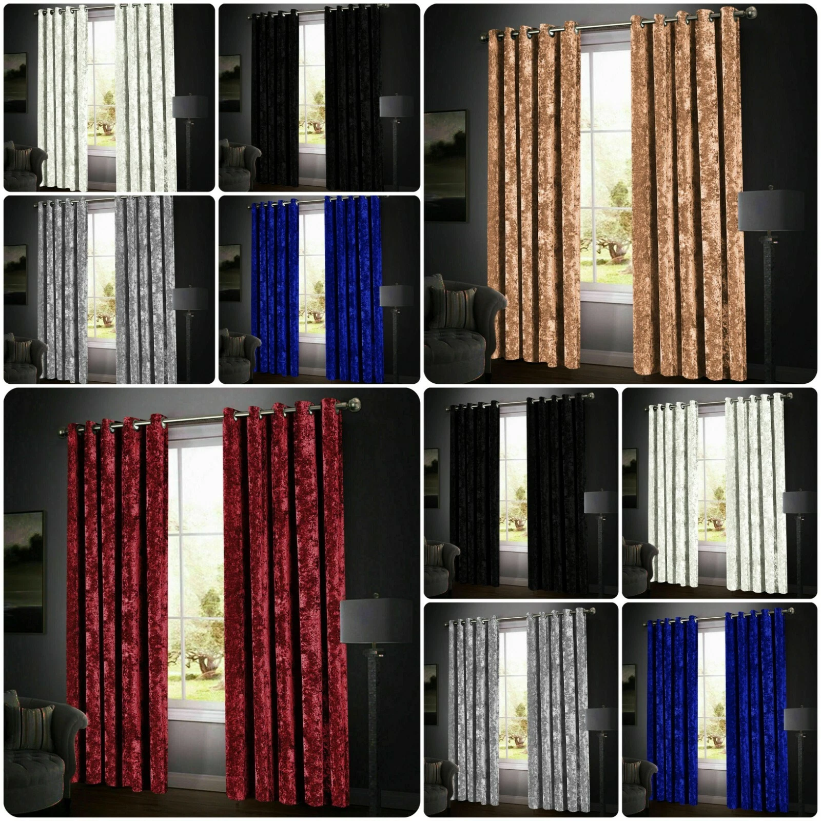 New Modern Super Soft Luxury Crushed Velvet Ready Made Eyelet Ring Top Curtains