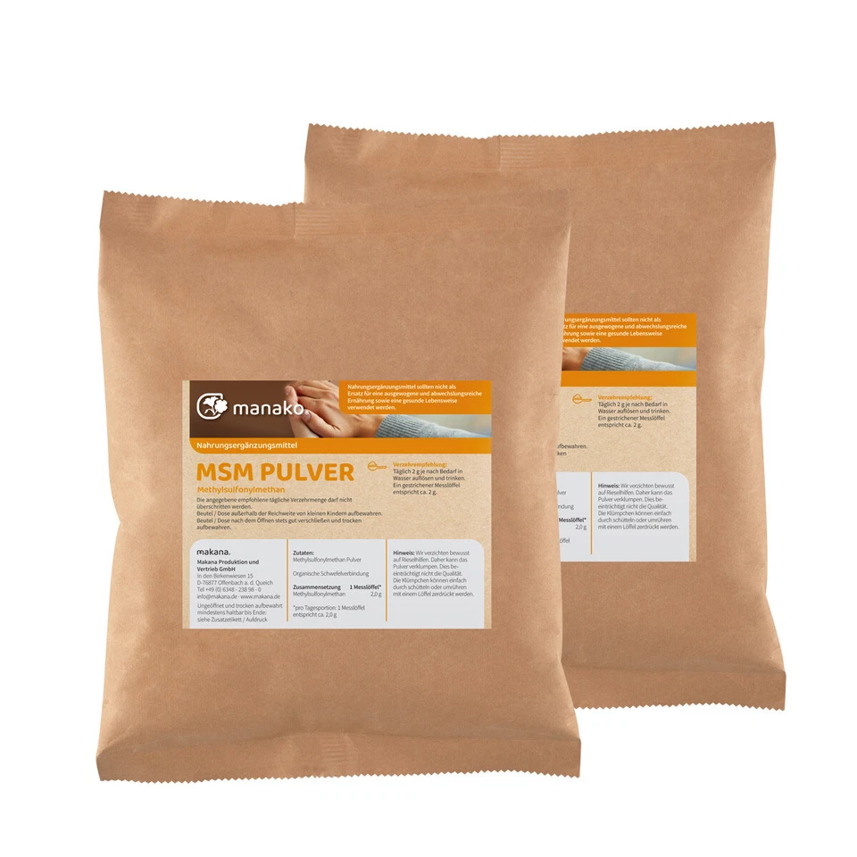 manako MSM (Methylsulfonylmethan) Pulver, 99,9% rein, 2 x 1 kg Beutel