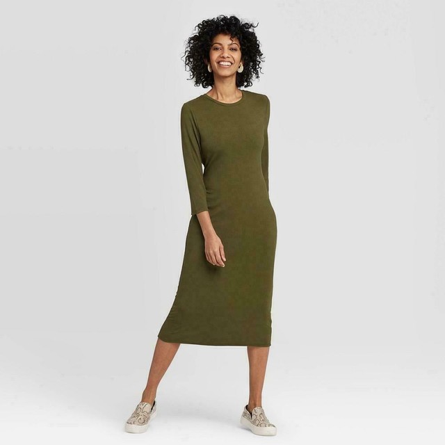 Long Sleeve Rib Knit Midi Dress 